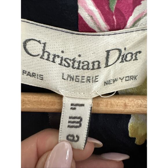 Christian Dior Vtg Navy Floral Satin Full Length Robe Kimono No Sz Vintage Lux - Picture 9 of 9